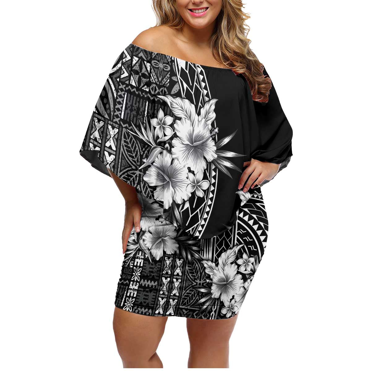 Kia Orana Cook Islands Family Matching Off Shoulder Short Dress and Hawaiian Shirt Tiare and Stars LT7 Mom's Dress Black - Polynesian Pride