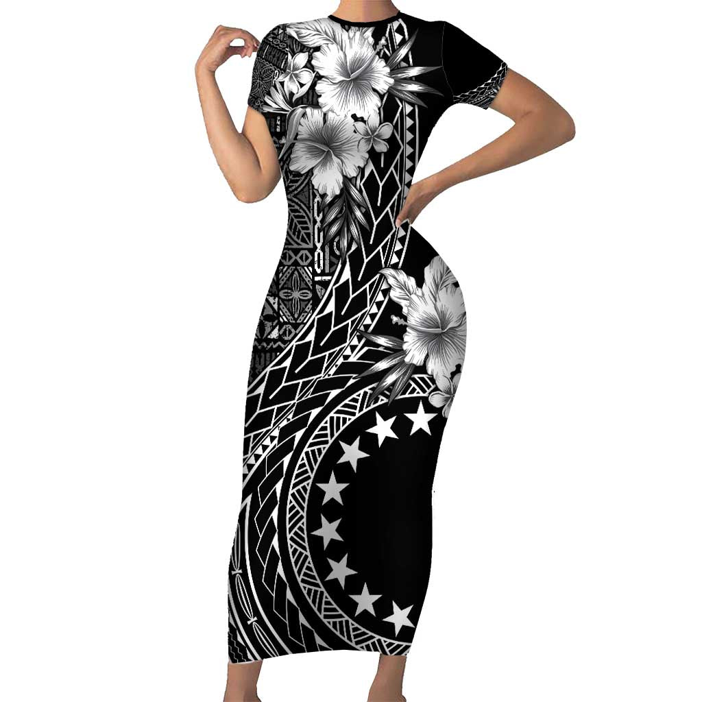 Kia Orana Cook Islands Family Matching Short Sleeve Bodycon Dress and Hawaiian Shirt Tiare and Stars LT7 Mom's Dress Black - Polynesian Pride