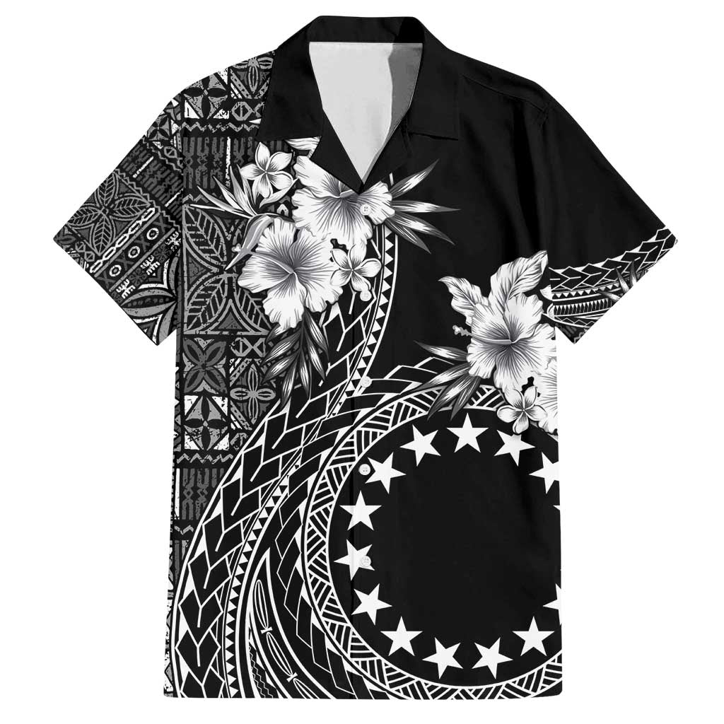 Kia Orana Cook Islands Family Matching Summer Maxi Dress and Hawaiian Shirt Tiare and Stars LT7 Dad's Shirt - Short Sleeve Black - Polynesian Pride
