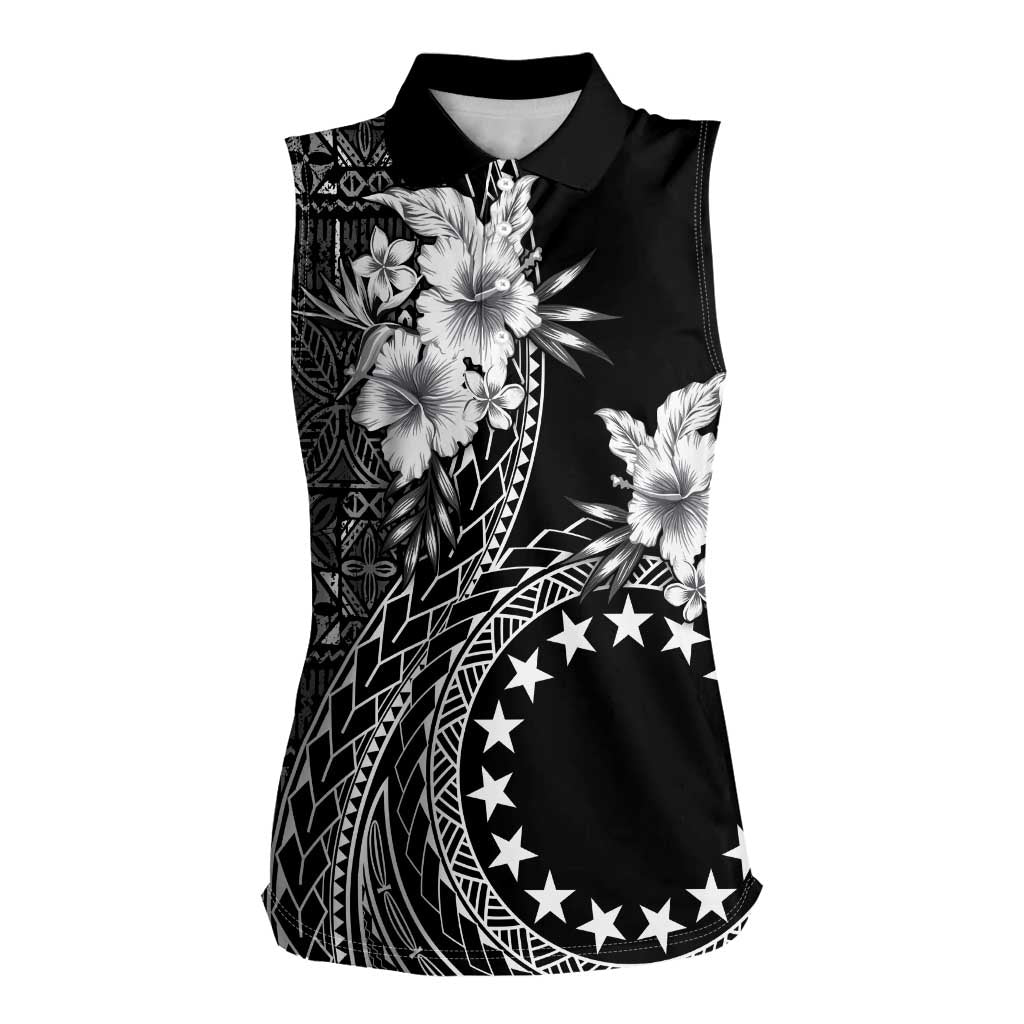 Kia Orana Cook Islands Women Sleeveless Polo Shirt Tiare and Stars LT7 Female Black - Polynesian Pride