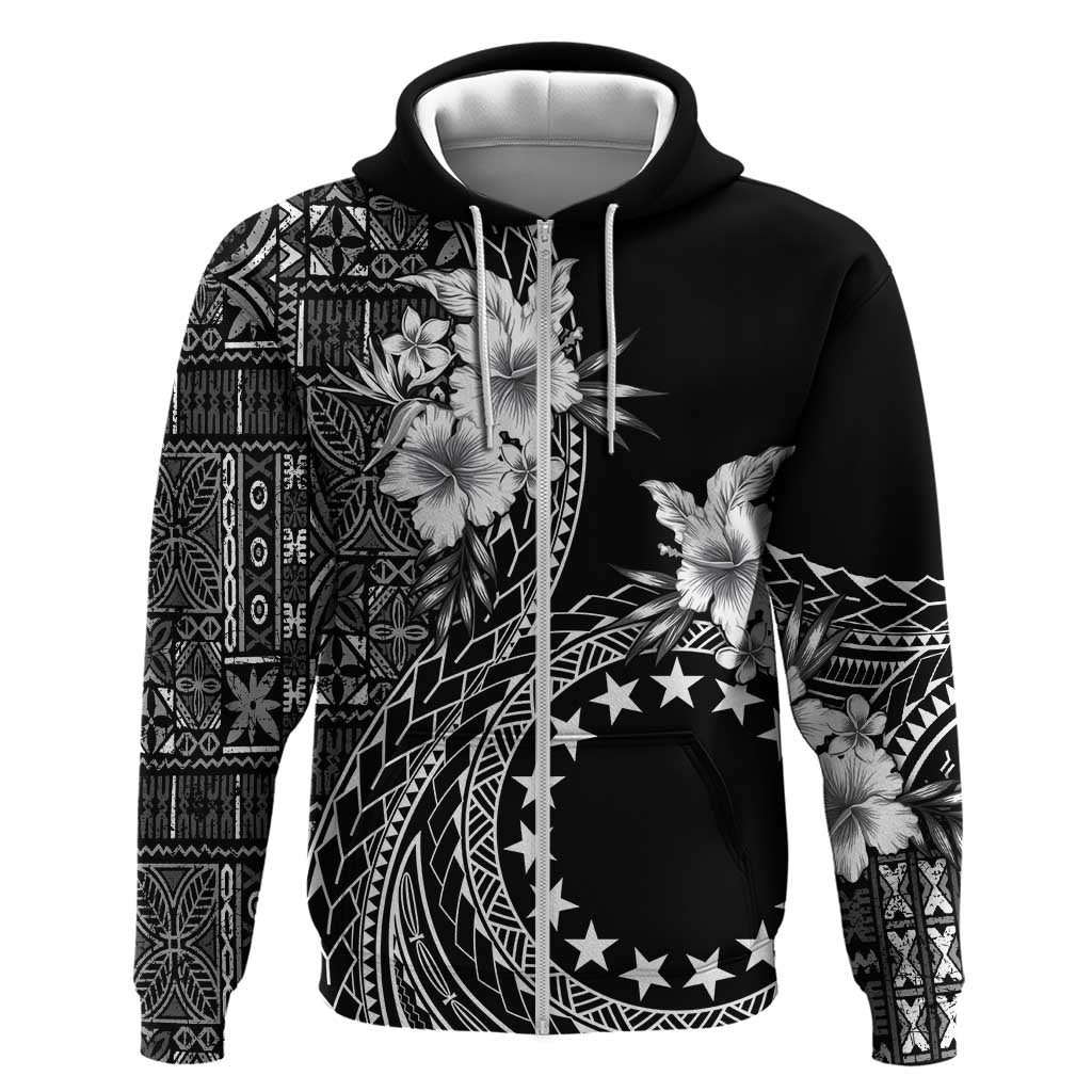 Kia Orana Cook Islands Zip Hoodie Tiare and Stars LT7 Zip Hoodie Black - Polynesian Pride