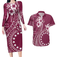 Kia Orana Cook Islands Couples Matching Long Sleeve Bodycon Dress and Hawaiian Shirt Tiare and Stars - Maroon LT7 Maroon - Polynesian Pride