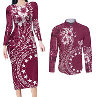 Kia Orana Cook Islands Couples Matching Long Sleeve Bodycon Dress and Long Sleeve Button Shirt Tiare and Stars - Maroon LT7 Maroon - Polynesian Pride