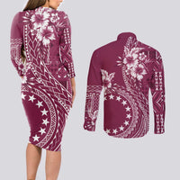 Kia Orana Cook Islands Couples Matching Long Sleeve Bodycon Dress and Long Sleeve Button Shirt Tiare and Stars - Maroon LT7 - Polynesian Pride