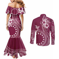 Kia Orana Cook Islands Couples Matching Mermaid Dress and Long Sleeve Button Shirt Tiare and Stars - Maroon LT7 - Polynesian Pride