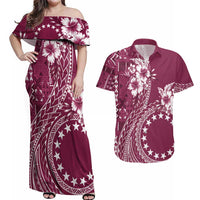 Kia Orana Cook Islands Couples Matching Off Shoulder Maxi Dress and Hawaiian Shirt Tiare and Stars - Maroon LT7 Maroon - Polynesian Pride