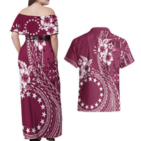 Kia Orana Cook Islands Couples Matching Off Shoulder Maxi Dress and Hawaiian Shirt Tiare and Stars - Maroon LT7 - Polynesian Pride