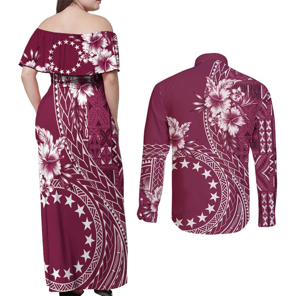 Kia Orana Cook Islands Couples Matching Off Shoulder Maxi Dress and Long Sleeve Button Shirt Tiare and Stars - Maroon LT7 - Polynesian Pride