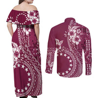 Kia Orana Cook Islands Couples Matching Off Shoulder Maxi Dress and Long Sleeve Button Shirt Tiare and Stars - Maroon LT7 - Polynesian Pride