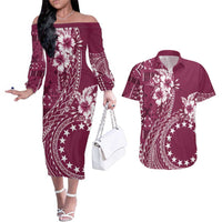Kia Orana Cook Islands Couples Matching Off The Shoulder Long Sleeve Dress and Hawaiian Shirt Tiare and Stars - Maroon LT7 Maroon - Polynesian Pride