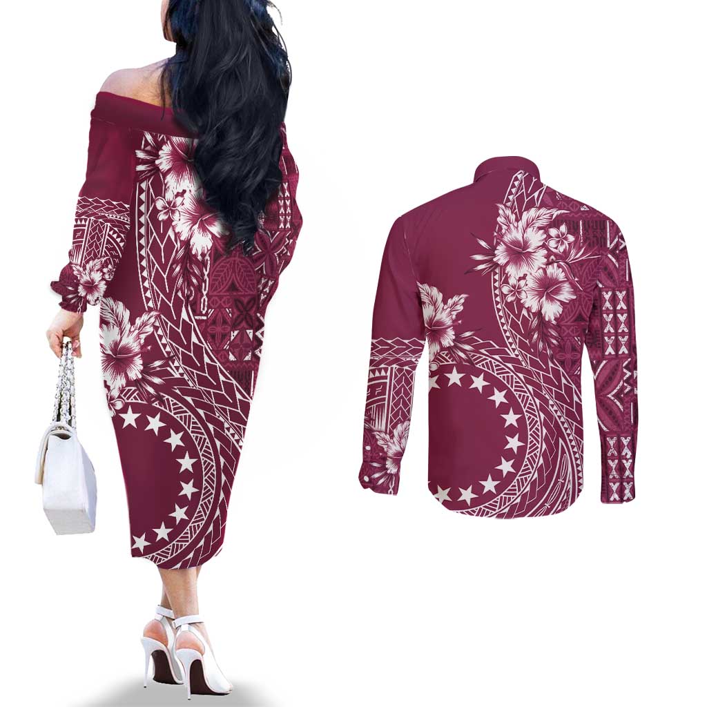 Kia Orana Cook Islands Couples Matching Off The Shoulder Long Sleeve Dress and Long Sleeve Button Shirt Tiare and Stars - Maroon LT7 - Polynesian Pride