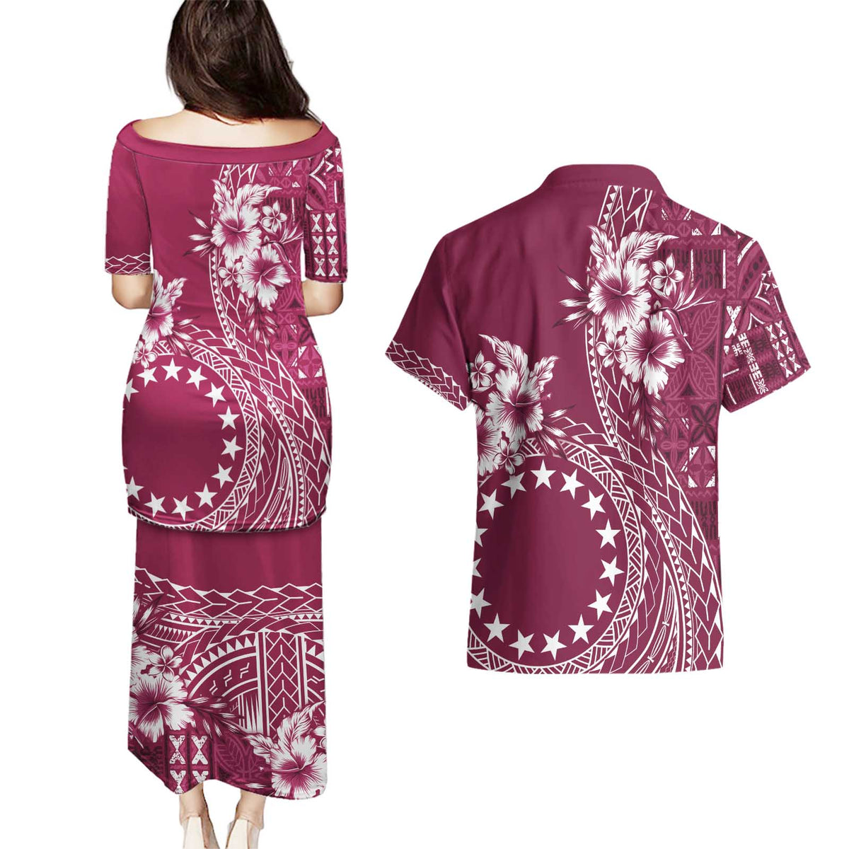 Kia Orana Cook Islands Couples Matching Puletasi and Hawaiian Shirt Tiare and Stars - Maroon LT7 - Polynesian Pride