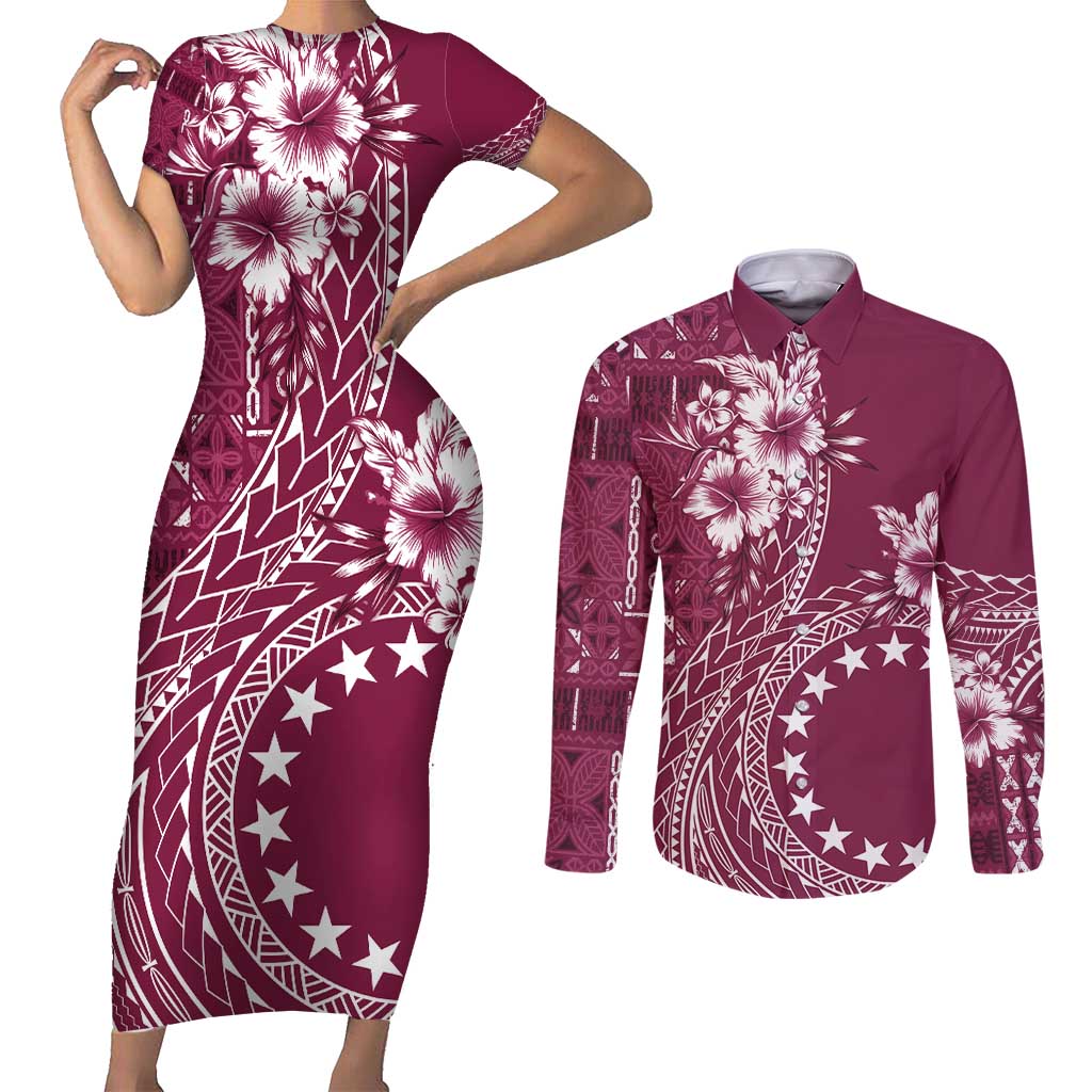 Kia Orana Cook Islands Couples Matching Short Sleeve Bodycon Dress and Long Sleeve Button Shirt Tiare and Stars - Maroon LT7 Maroon - Polynesian Pride