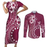 Kia Orana Cook Islands Couples Matching Short Sleeve Bodycon Dress and Long Sleeve Button Shirt Tiare and Stars - Maroon LT7 Maroon - Polynesian Pride