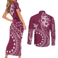Kia Orana Cook Islands Couples Matching Short Sleeve Bodycon Dress and Long Sleeve Button Shirt Tiare and Stars - Maroon LT7 - Polynesian Pride
