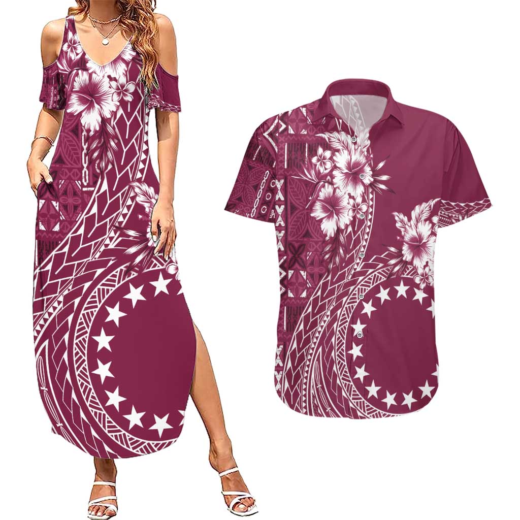 Kia Orana Cook Islands Couples Matching Summer Maxi Dress and Hawaiian Shirt Tiare and Stars - Maroon LT7 Maroon - Polynesian Pride