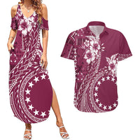 Kia Orana Cook Islands Couples Matching Summer Maxi Dress and Hawaiian Shirt Tiare and Stars - Maroon LT7 Maroon - Polynesian Pride