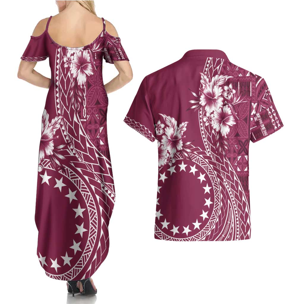 Kia Orana Cook Islands Couples Matching Summer Maxi Dress and Hawaiian Shirt Tiare and Stars - Maroon LT7 - Polynesian Pride