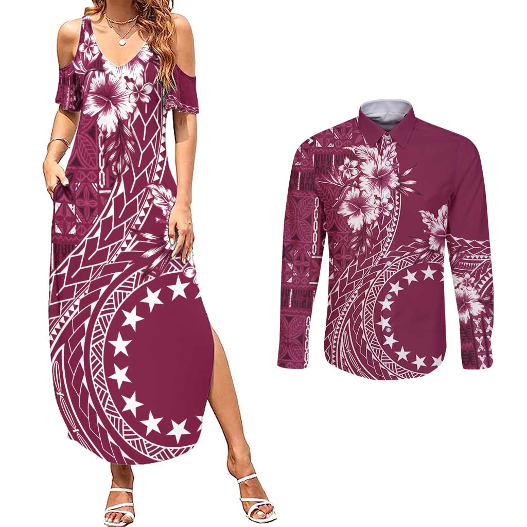 Kia Orana Cook Islands Couples Matching Summer Maxi Dress and Long Sleeve Button Shirt Tiare and Stars - Maroon LT7 Maroon - Polynesian Pride