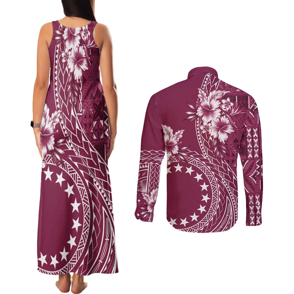 Kia Orana Cook Islands Couples Matching Tank Maxi Dress and Long Sleeve Button Shirt Tiare and Stars - Maroon LT7 - Polynesian Pride