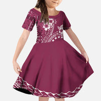 Kia Orana Cook Islands Family Matching Long Sleeve Bodycon Dress and Hawaiian Shirt Tiare and Stars - Maroon LT7 Daughter's Dress Maroon - Polynesian Pride