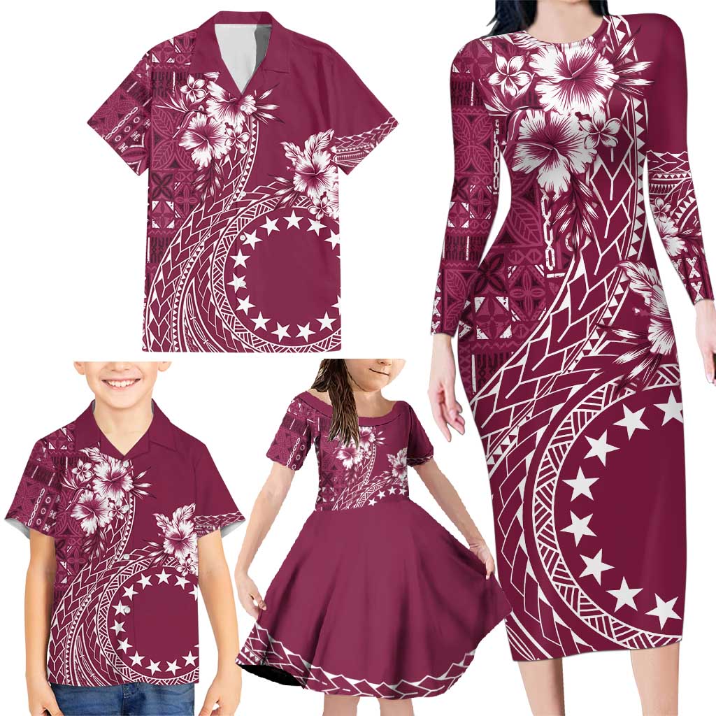 Kia Orana Cook Islands Family Matching Long Sleeve Bodycon Dress and Hawaiian Shirt Tiare and Stars - Maroon LT7 - Polynesian Pride