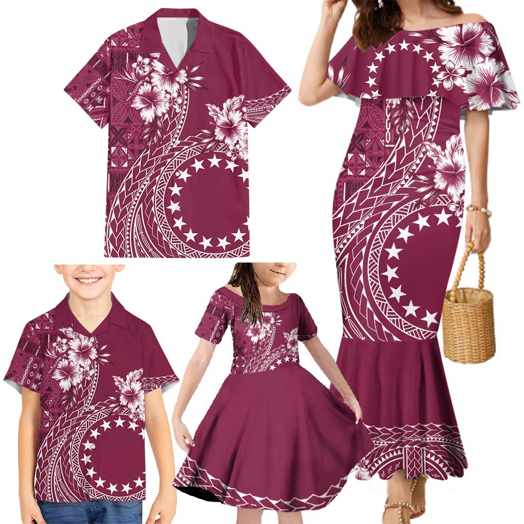 Kia Orana Cook Islands Family Matching Mermaid Dress and Hawaiian Shirt Tiare and Stars - Maroon LT7 - Polynesian Pride