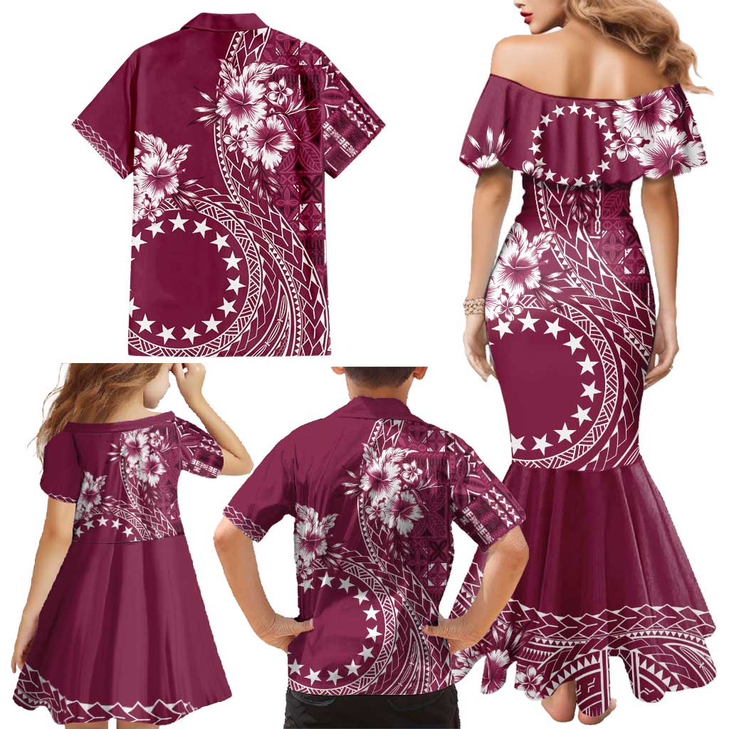 Kia Orana Cook Islands Family Matching Mermaid Dress and Hawaiian Shirt Tiare and Stars - Maroon LT7 - Polynesian Pride