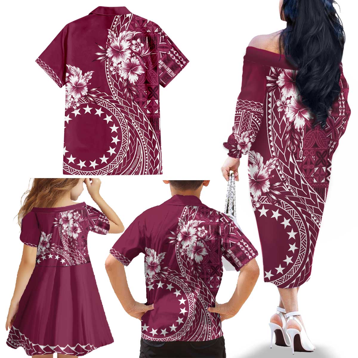 Kia Orana Cook Islands Family Matching Off The Shoulder Long Sleeve Dress and Hawaiian Shirt Tiare and Stars - Maroon LT7 - Polynesian Pride