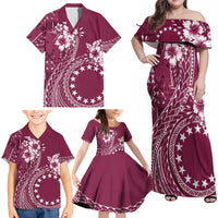 Kia Orana Cook Islands Family Matching Off Shoulder Maxi Dress and Hawaiian Shirt Tiare and Stars - Maroon LT7 - Polynesian Pride