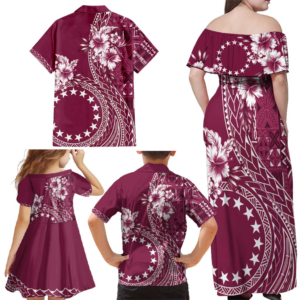 Kia Orana Cook Islands Family Matching Off Shoulder Maxi Dress and Hawaiian Shirt Tiare and Stars - Maroon LT7 - Polynesian Pride