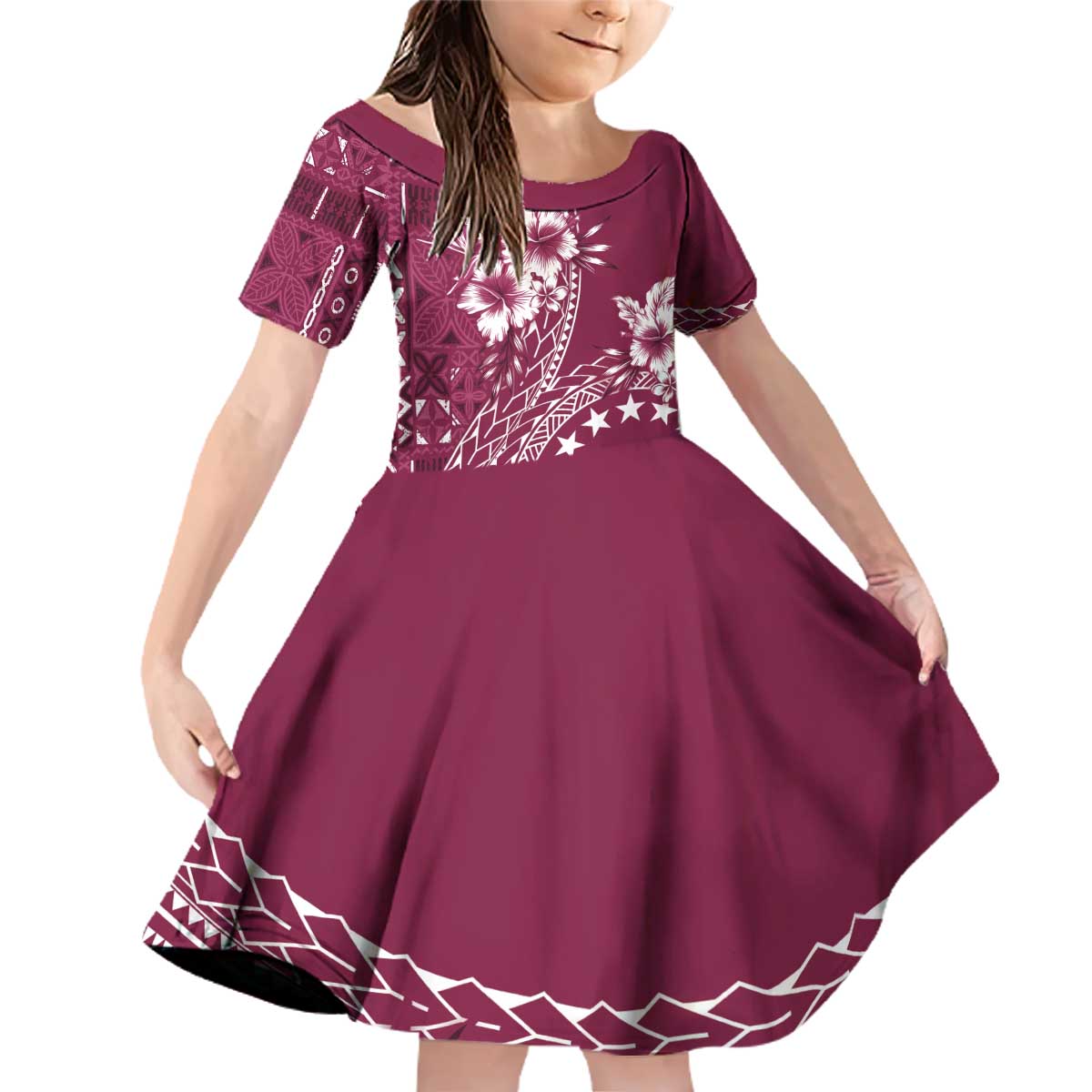 Kia Orana Cook Islands Family Matching Off Shoulder Short Dress and Hawaiian Shirt Tiare and Stars - Maroon LT7 Daughter's Dress Maroon - Polynesian Pride