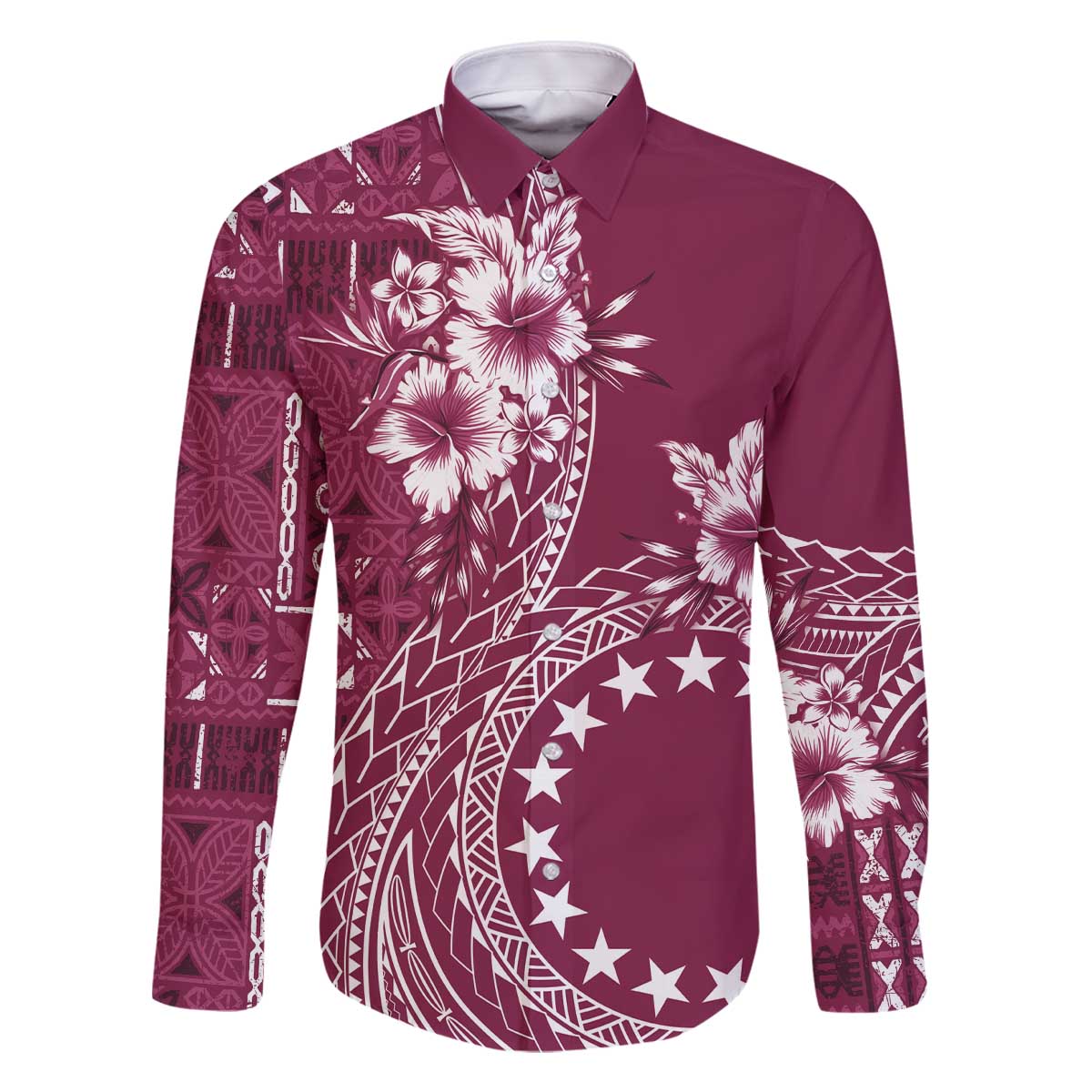Kia Orana Cook Islands Family Matching Off Shoulder Short Dress and Hawaiian Shirt Tiare and Stars - Maroon LT7 Dad's Shirt - Long Sleeve Maroon - Polynesian Pride