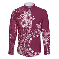 Kia Orana Cook Islands Family Matching Off Shoulder Short Dress and Hawaiian Shirt Tiare and Stars - Maroon LT7 Dad's Shirt - Long Sleeve Maroon - Polynesian Pride