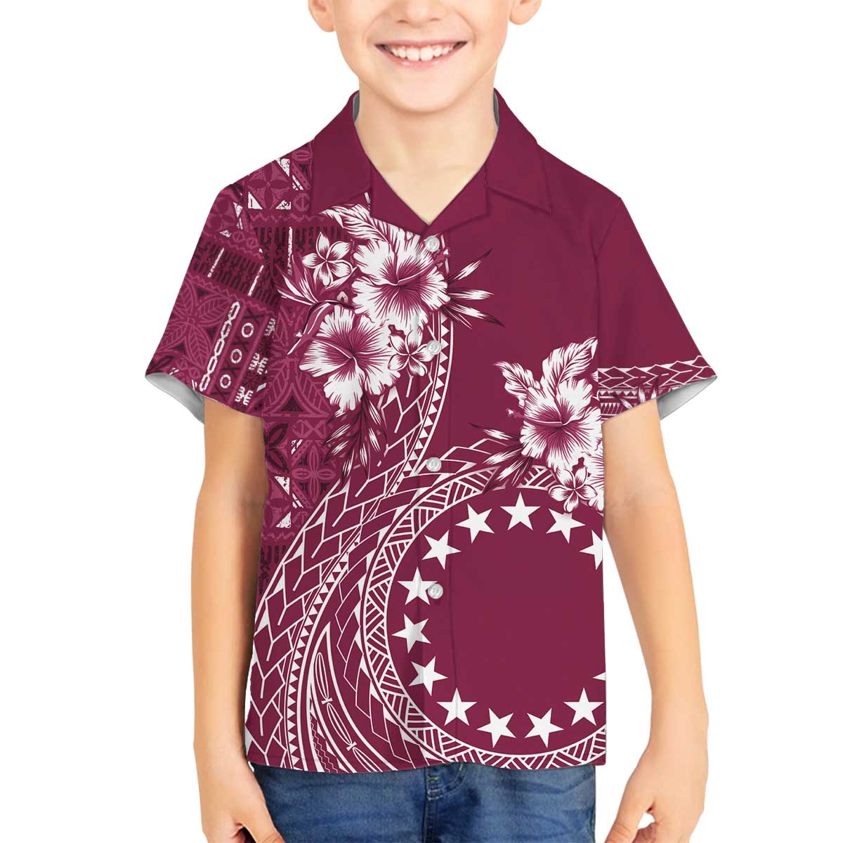 Kia Orana Cook Islands Family Matching Off Shoulder Short Dress and Hawaiian Shirt Tiare and Stars - Maroon LT7 Son's Shirt Maroon - Polynesian Pride