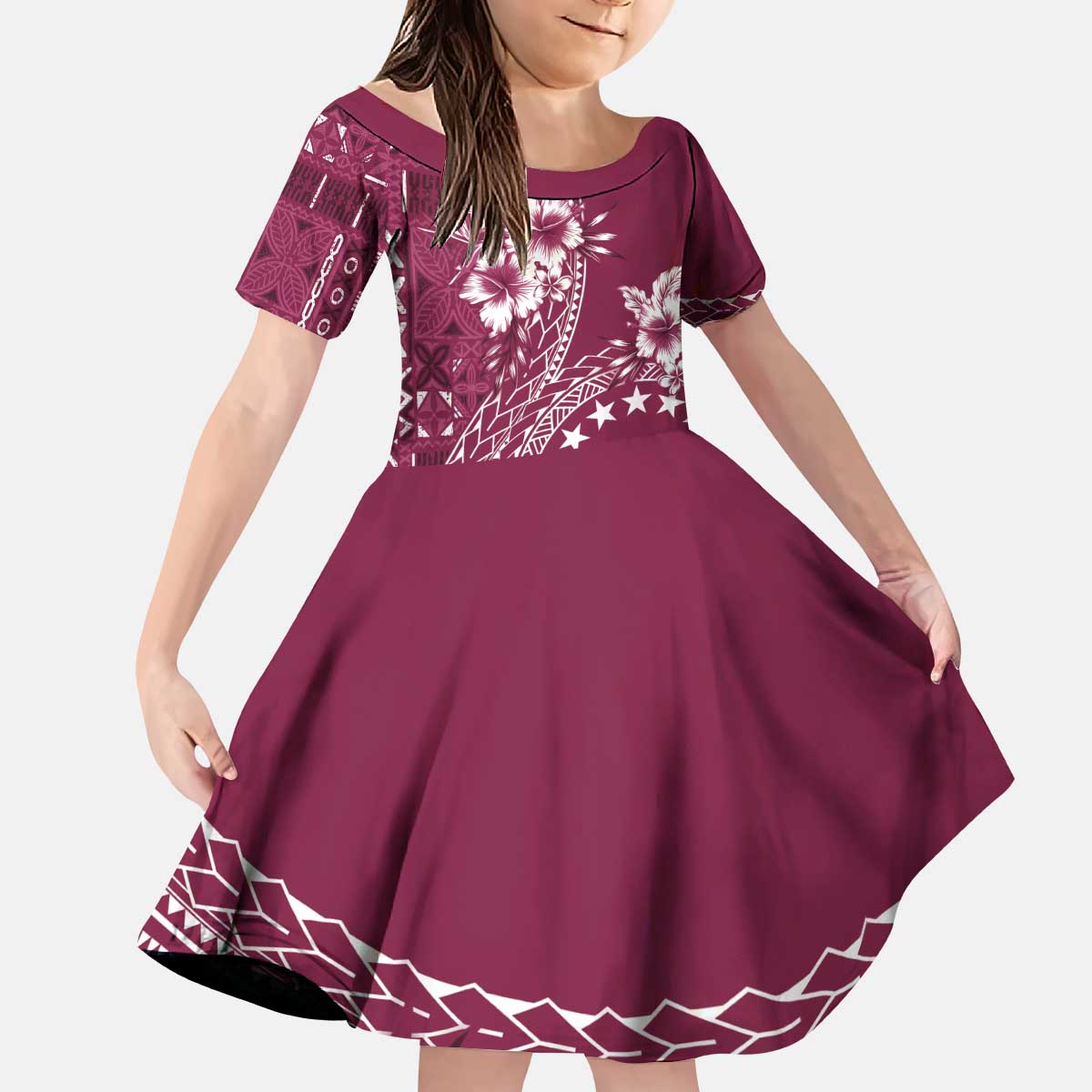 Kia Orana Cook Islands Family Matching Puletasi and Hawaiian Shirt Tiare and Stars - Maroon LT7 Daughter's Dress Maroon - Polynesian Pride