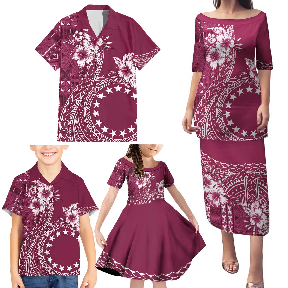Kia Orana Cook Islands Family Matching Puletasi and Hawaiian Shirt Tiare and Stars - Maroon LT7 - Polynesian Pride