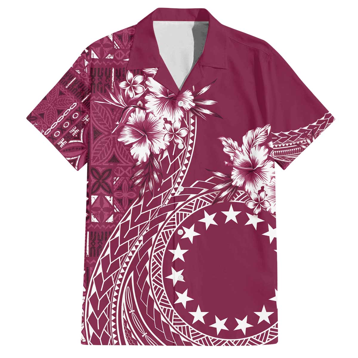 Kia Orana Cook Islands Family Matching Puletasi and Hawaiian Shirt Tiare and Stars - Maroon LT7 Dad's Shirt - Short Sleeve Maroon - Polynesian Pride