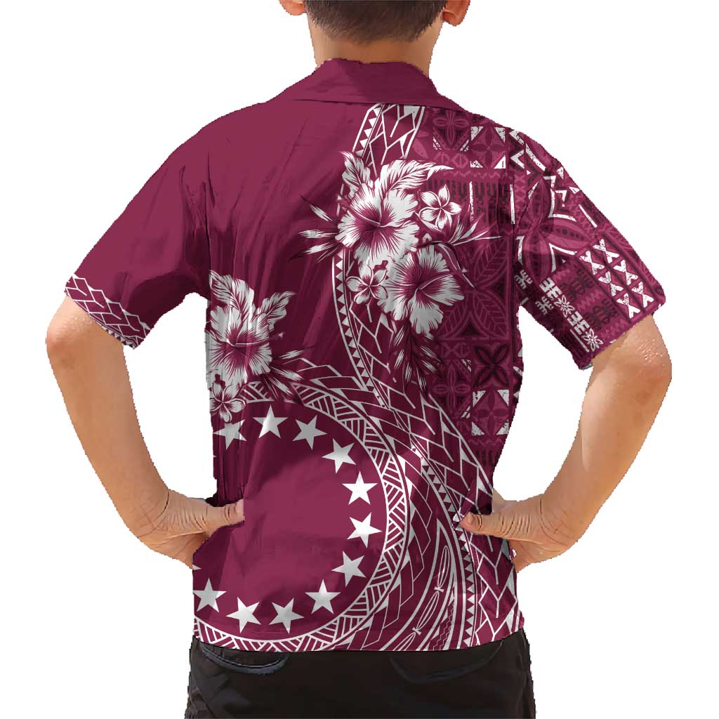 Kia Orana Cook Islands Family Matching Short Sleeve Bodycon Dress and Hawaiian Shirt Tiare and Stars - Maroon LT7 - Polynesian Pride