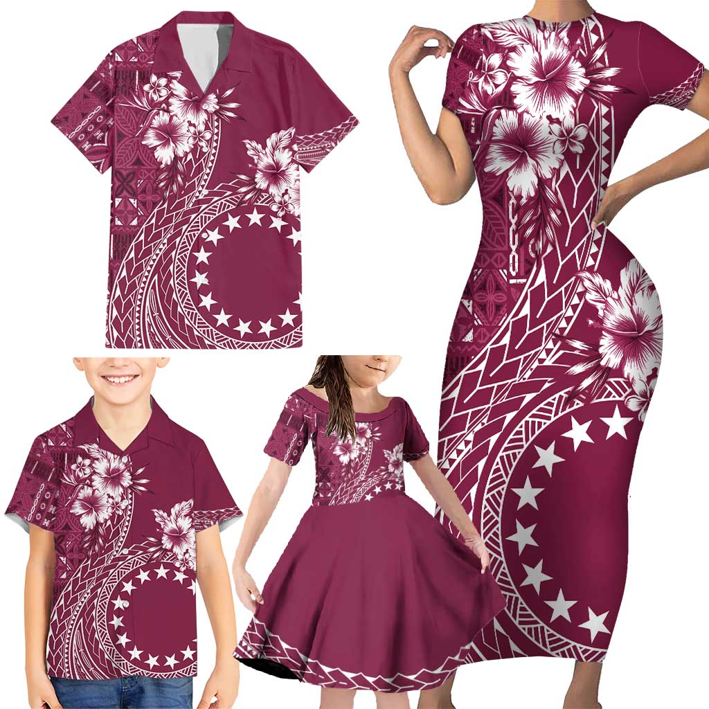 Kia Orana Cook Islands Family Matching Short Sleeve Bodycon Dress and Hawaiian Shirt Tiare and Stars - Maroon LT7 - Polynesian Pride