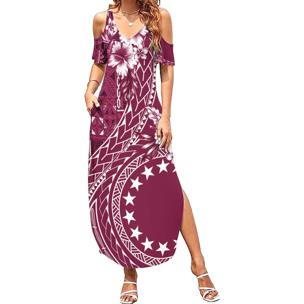 Kia Orana Cook Islands Family Matching Summer Maxi Dress and Hawaiian Shirt Tiare and Stars - Maroon LT7 Mom's Dress Maroon - Polynesian Pride