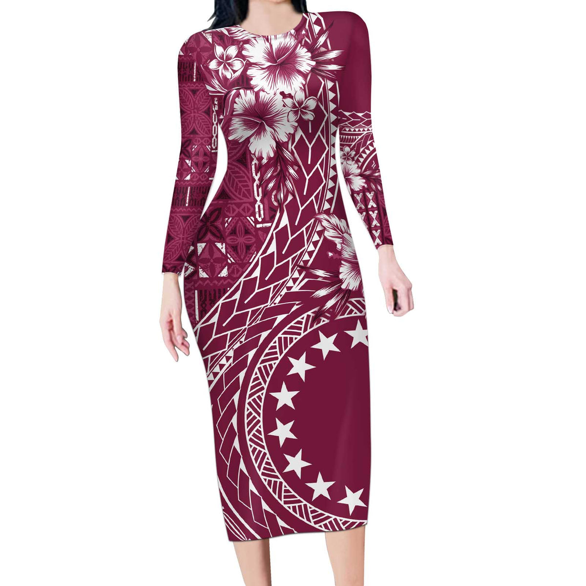 Kia Orana Cook Islands Long Sleeve Bodycon Dress Tiare and Stars - Maroon LT7 Long Dress Maroon - Polynesian Pride