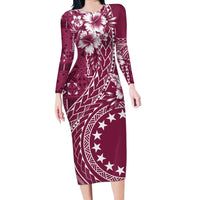 Kia Orana Cook Islands Long Sleeve Bodycon Dress Tiare and Stars - Maroon LT7 Long Dress Maroon - Polynesian Pride