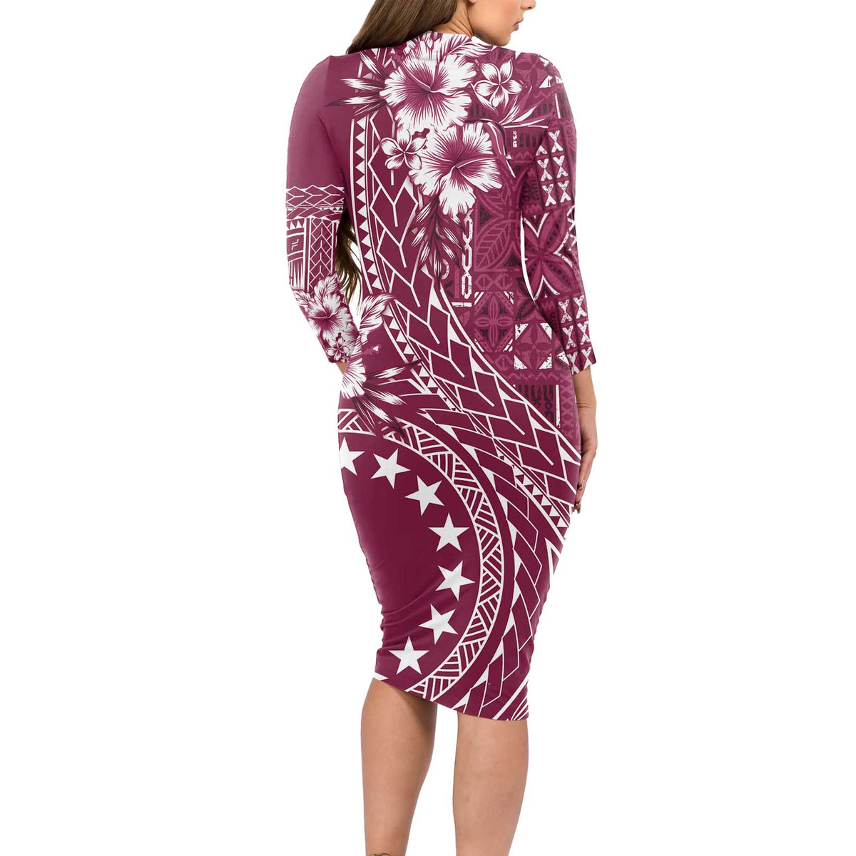 Kia Orana Cook Islands Long Sleeve Bodycon Dress Tiare and Stars - Maroon LT7 - Polynesian Pride