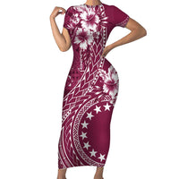 Kia Orana Cook Islands Short Sleeve Bodycon Dress Tiare and Stars - Maroon LT7 Long Dress Maroon - Polynesian Pride