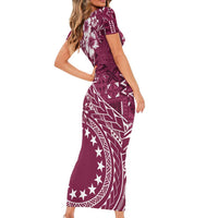 Kia Orana Cook Islands Short Sleeve Bodycon Dress Tiare and Stars - Maroon LT7 - Polynesian Pride