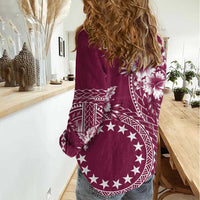 Kia Orana Cook Islands Women Casual Shirt Tiare and Stars - Maroon LT7 - Polynesian Pride
