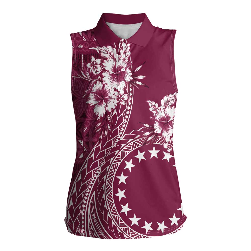 Kia Orana Cook Islands Women Sleeveless Polo Shirt Tiare and Stars - Maroon LT7 Female Maroon - Polynesian Pride