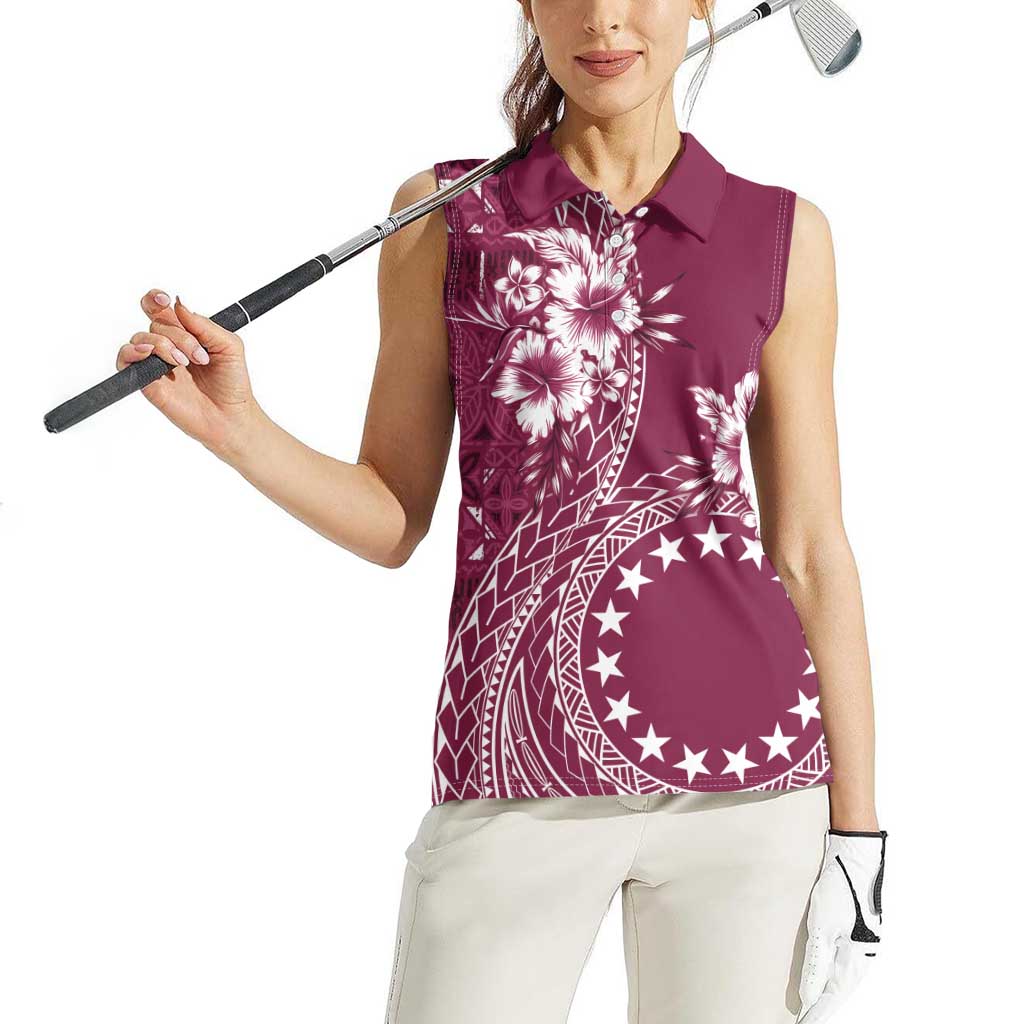 Kia Orana Cook Islands Women Sleeveless Polo Shirt Tiare and Stars - Maroon LT7 - Polynesian Pride