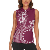 Kia Orana Cook Islands Women Sleeveless Polo Shirt Tiare and Stars - Maroon LT7 - Polynesian Pride